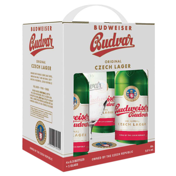 Набір подарунковий пиво світле  Budweiser Budvar Original  5% 0.5 л (4 шт) + келих 0.33 л 1081523 фото