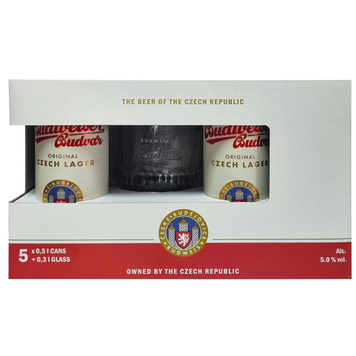 Набір подарунковий пиво світле  Budweiser Budvar  5% 0.5л  (5 ж/б + келих 0.3 л) 1080657 фото